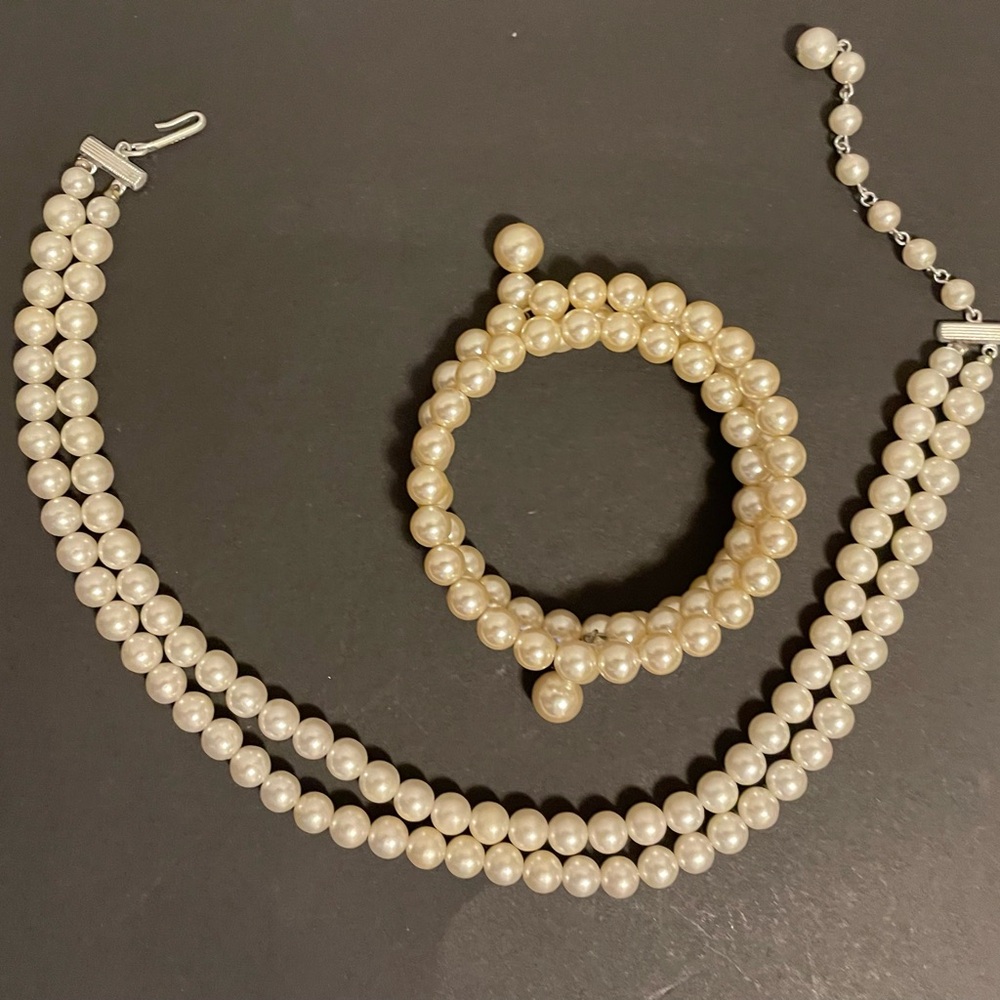 Vintage Double Strand Pearl Necklace & Vtg Pearl Coil Wrap Bracelet
